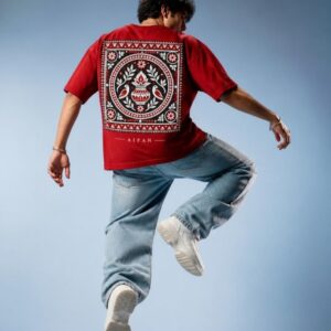 Male model in the JHUMELO Aipan oversized t-shirt, back print