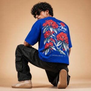 Male model in the JHUMELO Buransh oversized t-shirt, back print