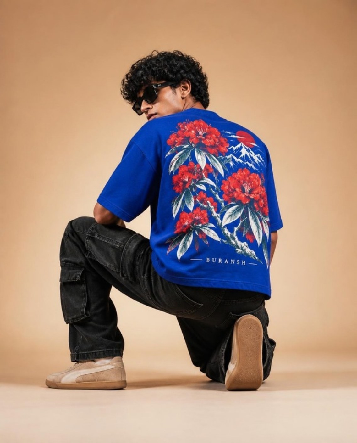 Model wearing the JHUMELO Buransh oversized t-shirt