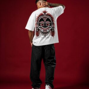 Male model in the JHUMELO Hilljatra oversized t-shirt, back print