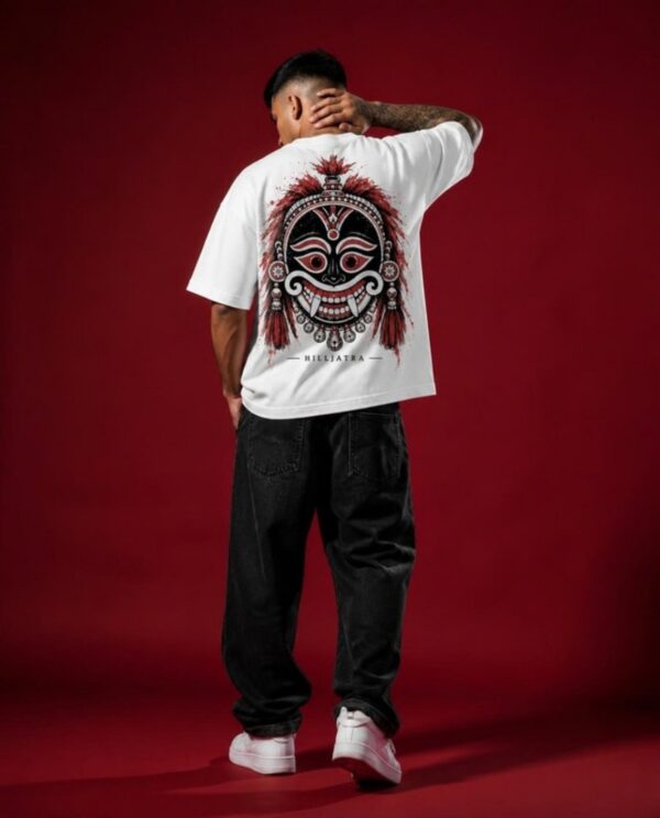 Male model in the JHUMELO Hilljatra oversized t-shirt, back print