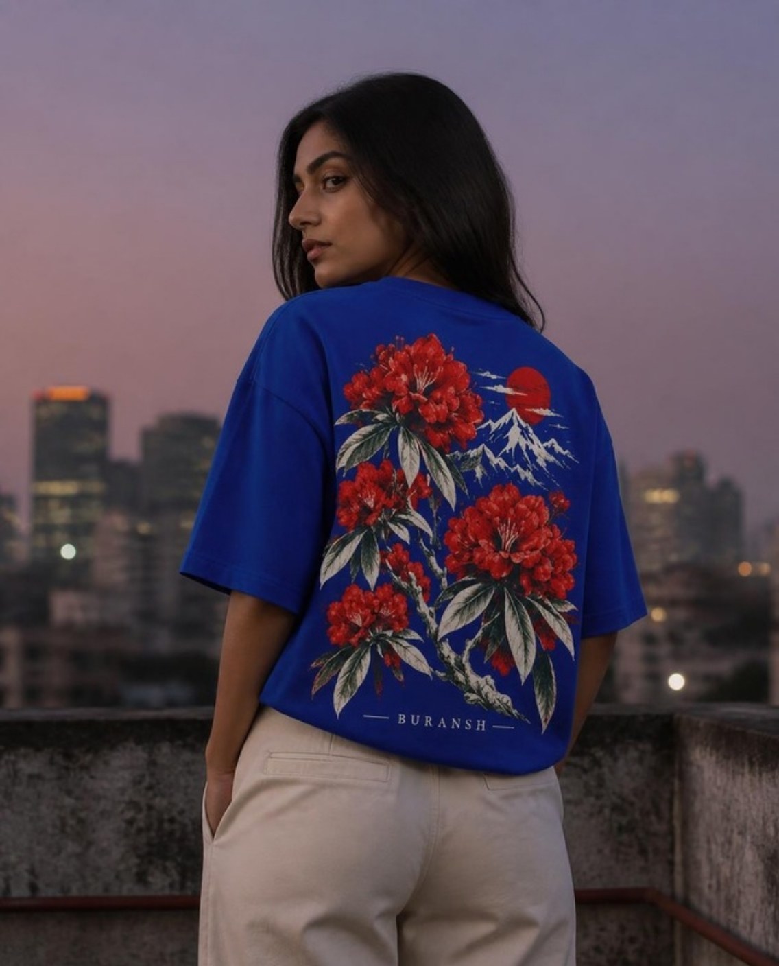 Model wearing the Buransh oversized t-shirt