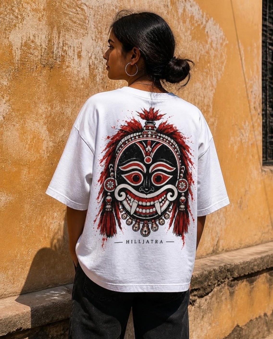 Model wearing the Hilljatra oversized t-shirt
